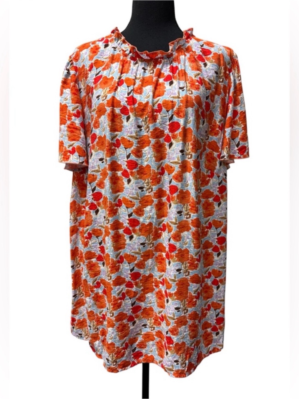 BloomChic Plus Size 22-24 Orange Floral Ruffle Neck Tunic Top - Picture 2 of 10
